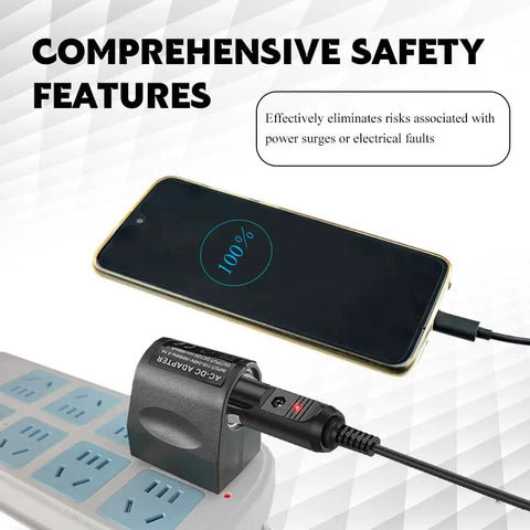 Rock Solid Car Cigarette Lighter Adapter Converts 90 To 240 Volt AC To 12 Volt DC Wall Plug Power Inverter charging a phone.