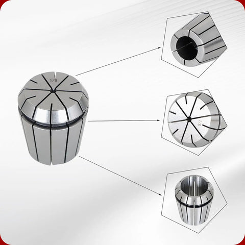 ER40 Collets Set 12 Pieces Common Sizes From One Eighth Inch To One And One Eighth Inch For R8 CAT40 BT40 CNC Chucks Or Holders Built Tough With High Grade Spring Steel For Precision Machining with focus on 1/8 inch size and detailed sectional images against white background.