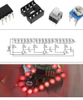 Components and diagram for Two Piece Heart Shaped LED Soldering Practice Kit With Flashing Lights For DIY Electronics Projects.