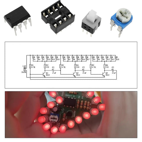 Components and diagram for Two Piece Heart Shaped LED Soldering Practice Kit With Flashing Lights For DIY Electronics Projects.