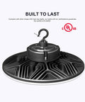 Ultra Bright 300W UFO LED High Bay Light 43500 Lumens 5000K Daylight 0 10V Dimmable IP65 Waterproof For Warehouse Workshop AC 100 To 277V UL Listed showing UL certification and hook.