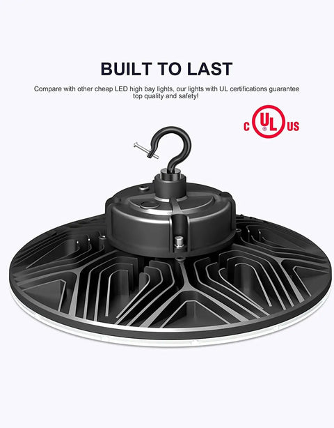 Ultra Bright 300W UFO LED High Bay Light 43500 Lumens 5000K Daylight 0 10V Dimmable IP65 Waterproof For Warehouse Workshop AC 100 To 277V UL Listed showing UL certification and hook.