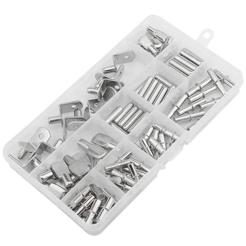 Assorted 100 Piece Shelf Pins And Pegs for wood shelves and cabinets, with 10 styles including L shape and spoon style pegs.