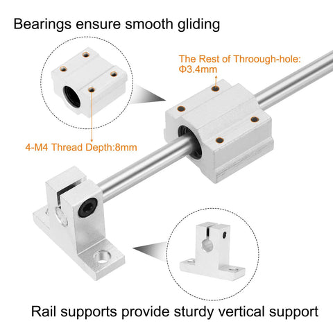 Two Pack 8mm By 400mm Linear Motion Rail Shaft Guide Kit With Four SCS8UU Bearings and Four SK8 Rail Supports for CNC Machines Silver Finish