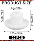 120 Pack White Pegboard Hook Stoppers Lock It Down And Keep Gear Secure Heavy Duty Silicone Safety Clips showing dimensions.