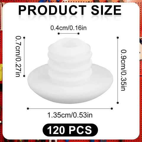 120 Pack White Pegboard Hook Stoppers Lock It Down And Keep Gear Secure Heavy Duty Silicone Safety Clips showing dimensions.