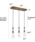 Three Light Wooden Pendant Light With Height Adjustable Clear Bottle Glass Shades, Industrial Farmhouse Style Ceiling Fixture For Kitchen Island Or Dining Area