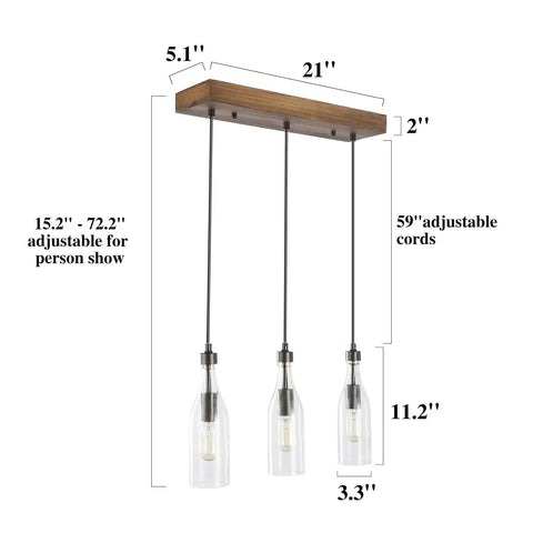 Three Light Wooden Pendant Light With Height Adjustable Clear Bottle Glass Shades, Industrial Farmhouse Style Ceiling Fixture For Kitchen Island Or Dining Area
