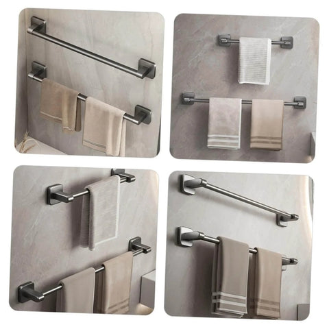 Self Adhesive Bathroom Wall Towel Rack in Gray No Drill Metal Organizer Multipurpose Holder with towels installed