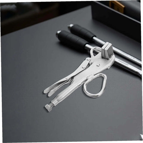 Heavy Duty Auto Body Sheet Metal Clamp Pliers With Wide Duckbill Jaw for welding, shown on a workbench near tools