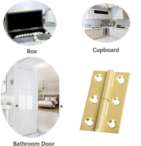 8 Pack 2 Inch Brass Butt Hinges For Cabinets And Drawers, Solid Brass Construction, Rust Resistant And Easy Install, Perfect For Jewelry Boxes And Small Cabinets, DIY Projects, Built To Last Hinge Set For Smooth Quiet Operation, showing hinge applications on box, cupboard, and bathroom door