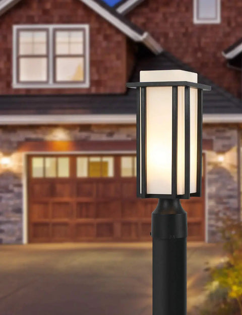 Outdoor Post Light For Patio And Garden, All Weather Sand Black Metal Lantern With 3 Inch Base, Milk White Frosted Glass