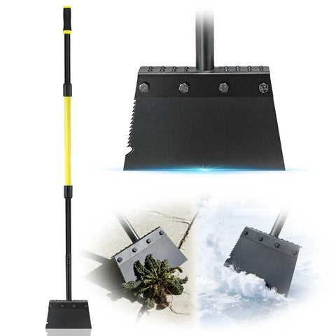 Flat Shovel Heavy Duty Garden Tool With Long Handle, Multipurpose Lawn Edging And Weeding Shovel, Floor Scraper, Snow And Ice Shovel For Driveways, Durable Quenched Steel Blade, 60 Inch Length shown in use for clearing weeds and snow.
