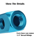 Close-up of 1/4 Inch Inline Pneumatic Manifold Block With Five Ports And Two Way Flow Aluminum Air Hose Splitter, sky blue fitting