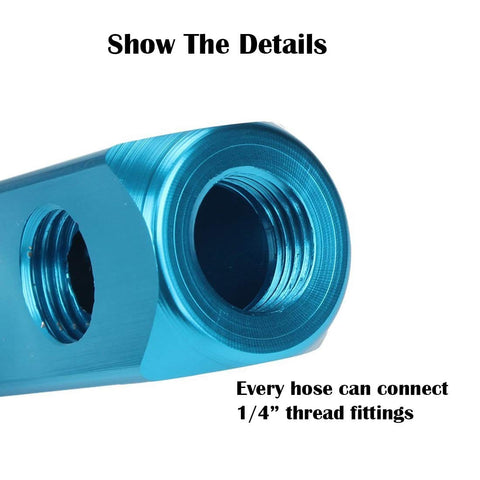 Close-up of 1/4 Inch Inline Pneumatic Manifold Block With Five Ports And Two Way Flow Aluminum Air Hose Splitter, sky blue fitting