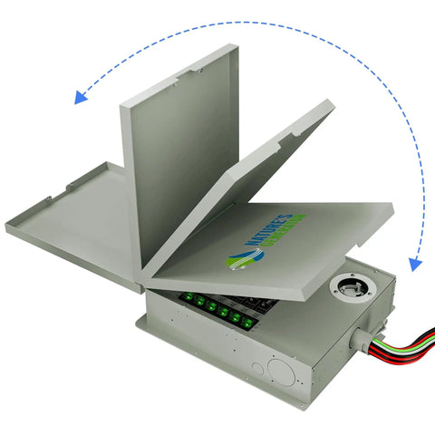 Manual 50A Power Transfer Switch Kit for Home Backup Power, 12 Circuits, open view showing circuit layout and colored wires.
