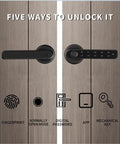 Smart Lock With Fingerprint And Password Keyless Entry Biometric Electric Door Lock Enhanced Security Smooth Operator For Your Home Single Latch Design showing five unlocking methods on wooden door.