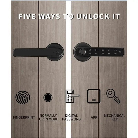 Smart Lock With Fingerprint And Password Keyless Entry Biometric Electric Door Lock Enhanced Security Smooth Operator For Your Home Single Latch Design showing five unlocking methods on wooden door.