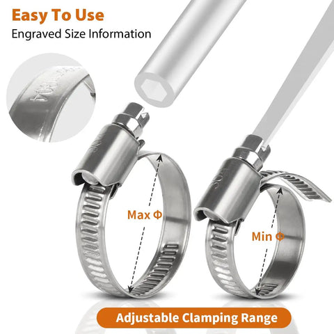 Heavy Duty Stainless Steel Hose Clamp Kit 1/4 In To 1-1/2 In, 100 Pack Worm Gear Clamps with adjustable size range and markings