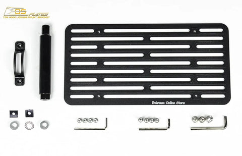 Nissan 370Z Front Bumper Tow Hook License Relocator Mount Bracket Version 2 EOS Plate Tow-384-V2 components on display