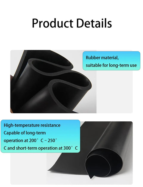 Heavy Duty Black Rubber Anti Vibration Mat For Machinery Oil Proof Shop Grade Shock Absorber Pad displaying high-temperature resistance details.