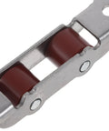 Close-up of a wheeled stainless steel sliding window roller featuring whisper quiet ball bearing action.