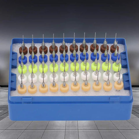 50 Pcs PCB Drill Bits Set 0.5-0.9mm Carbide Spiral Flute Pro Grade Bits in blue box on display
