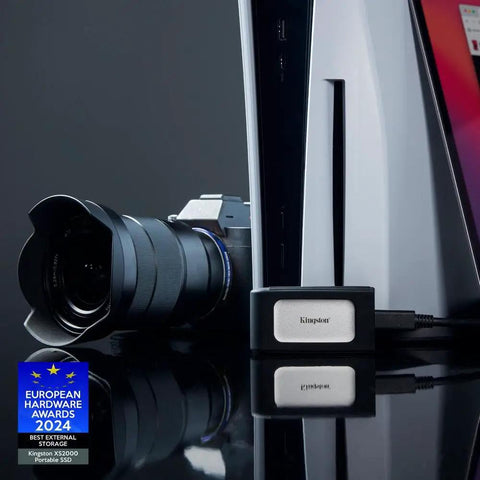 XS2000 500GB Ultra Fast Dope Speeds Portable SSD External Solid State Drive USB C Gen 2x2 next to camera and console