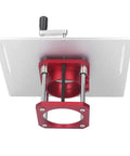 Top Shelf Aluminum Router Lifter With Flip Board For Precision Woodworking Trimming And Milling, with red mount and silver base.