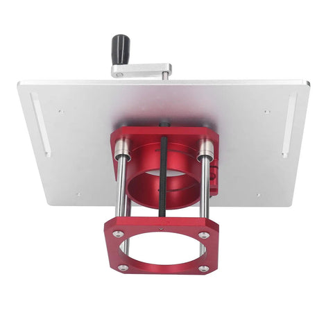 Top Shelf Aluminum Router Lifter With Flip Board For Precision Woodworking Trimming And Milling, with red mount and silver base.