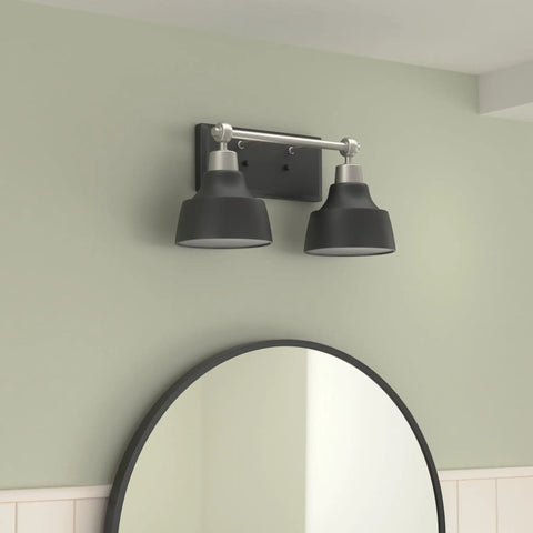 Bramlett Brushed Nickel Two Light Bath And Vanity Fixture With Matte Black Shades And Back Plate, Vintage Industrial Style Lighting With Old School Vibe For Traditional Bulbs, Modern Farmhouse Appeal