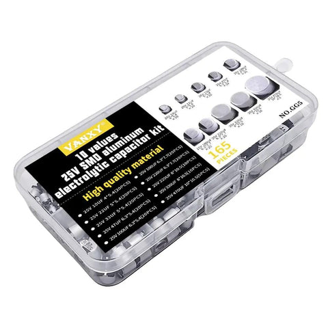 Totally DIY Friendly 165 Piece 25V SMD Aluminum Electrolytic Capacitor Kit With 10 Values From 10uF To 470uF For PCB Builds And Repairs