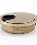 Slick Brushed Gold Desk Grommet Pack Of Two With No Fuss Cable Routing And Smooth Removable Lids For Heavy Duty Wire Organization In Your Clean Home Office Setup, close-up view showing brushed gold finish.