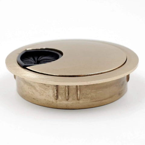 Slick Brushed Gold Desk Grommet Pack Of Two With No Fuss Cable Routing And Smooth Removable Lids For Heavy Duty Wire Organization In Your Clean Home Office Setup, close-up view showing brushed gold finish.