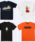 Collage of four T-shirts: navy with Friends graphic, white with Christmas boot, black with sketch, and orange with FRIENDS lettering.