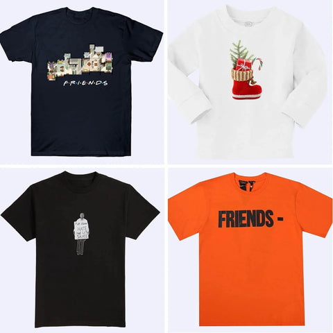 Collage of four T-shirts: navy with Friends graphic, white with Christmas boot, black with sketch, and orange with FRIENDS lettering.
