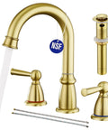 Widespread 3 Hole Brushed Gold Bathroom Faucet With No Splash 8 Inch Center Spout Pop Up Drain And Dual Handle Vanity Sink Faucet