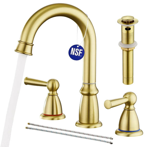 Widespread 3 Hole Brushed Gold Bathroom Faucet With No Splash 8 Inch Center Spout Pop Up Drain And Dual Handle Vanity Sink Faucet