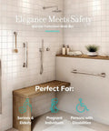 Bathroom with stylish 18 inch satin nickel grab bar in shower, matching accessories, creating a non clinical cool vibe.