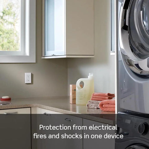 Laundry room with Dual Function AFCI And GFCI Outlet 15 Amp Self Test Tamper Resistant LED Indicator Light visible on wall