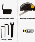 Accessories for Heavy Duty 2x42 Inch Belt And 6 Inch Disc Sander Combo including tool rest, miter gauge, hex keys, and wrench.