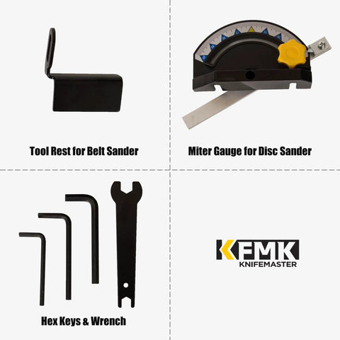 Accessories for Heavy Duty 2x42 Inch Belt And 6 Inch Disc Sander Combo including tool rest, miter gauge, hex keys, and wrench.