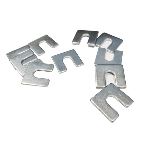 Pro Grade Alignment Shim Set For Auto Body And Fender Adjustments Includes One Sixteenth Inch And One Eighth Inch Thick Shims With Three Eighths Inch Slot 30 Pieces Zinc Plated For Rust Resistance Resealable Storage Box Camber Toe And Caster Alignment. Close-up of zinc plated shims.