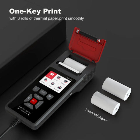 Car Battery Tester With Printer For 6V 12V And 24V Systems, A Handy Load Tester For Everyday Drivers That Quickly Checks Cranking Current, Internal Resistance, Battery Health And Overall Life, With Real Printouts. open printer with thermal paper