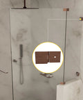 Adjustable Square Glass To Wall Clip With Solid Forged Brass Construction And Antique Copper Finish Backplate installed on shower glass