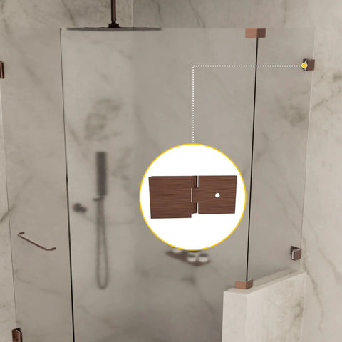 Adjustable Square Glass To Wall Clip With Solid Forged Brass Construction And Antique Copper Finish Backplate installed on shower glass