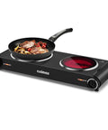 Dual Infrared 1800W Hot Plate Portable Electric Stove With Glass Cooktop And Adjustable Temperature Control Stainless Steel Double Burner With Frying Pan