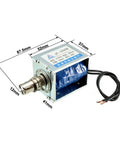 DC 12V 60N Push Pull Linear Solenoid Electromagnet With Open Frame Design 10mm Stroke Low Power Consumption Rapid Return Minimal Heat Ideal For DIYers, Prototyping, And Small Automation Tasks. open-frame solenoid with 12V coil and 10mm plunger, 87.5mm x 52mm x 37mm