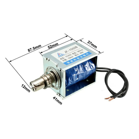 DC 12V 60N Push Pull Linear Solenoid Electromagnet With Open Frame Design 10mm Stroke Low Power Consumption Rapid Return Minimal Heat Ideal For DIYers, Prototyping, And Small Automation Tasks. open-frame solenoid with 12V coil and 10mm plunger, 87.5mm x 52mm x 37mm