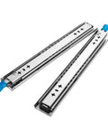 Heavy Duty Locking Side Mount Drawer Slides, 250 Pound Load Capacity, No Flex Steel Rollers, showing silver steel 14 inch slides.
